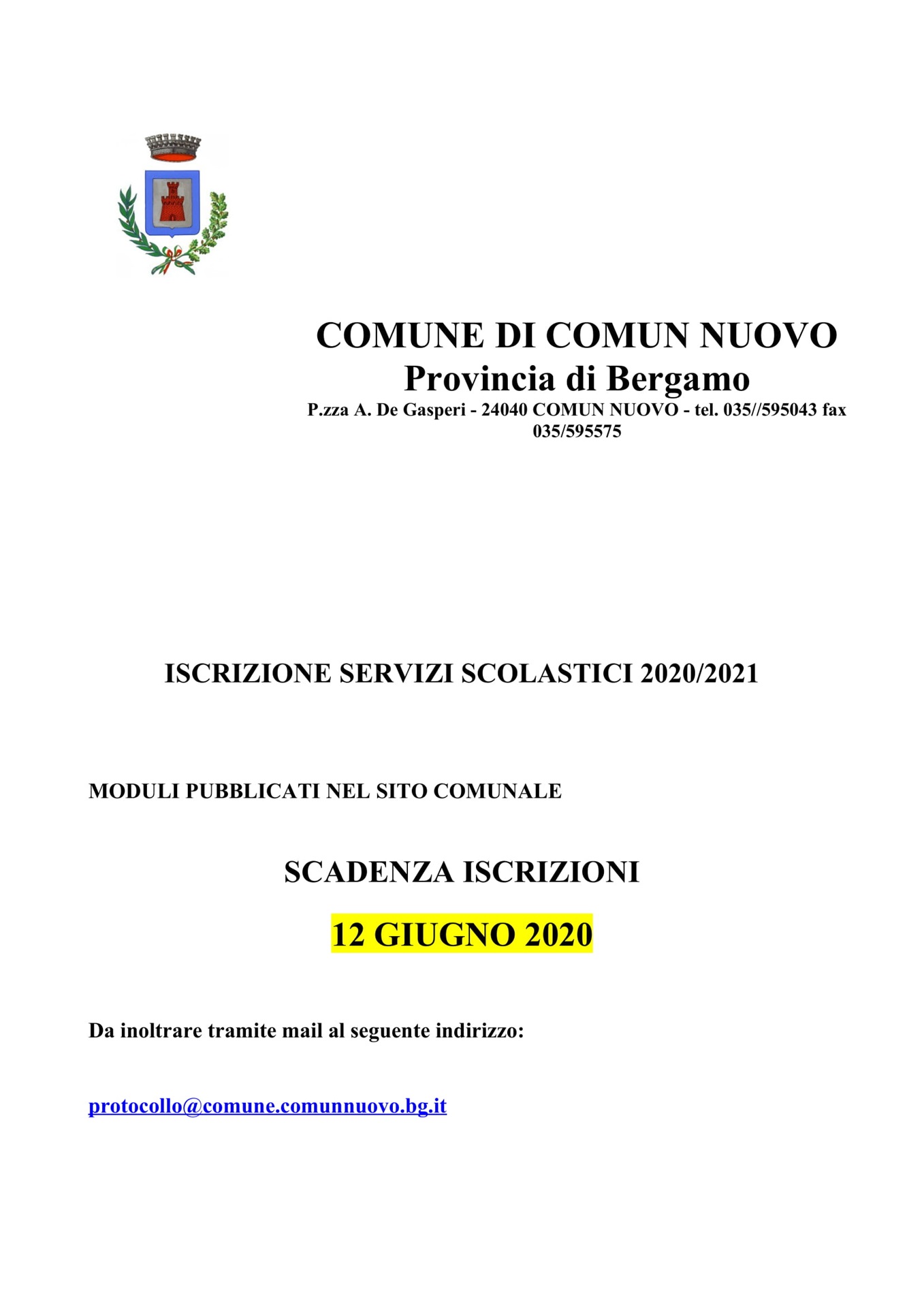 DOMANDE SERVIZI SCOLASTICI 2020/2021 - SCADENZA 12.06.2020