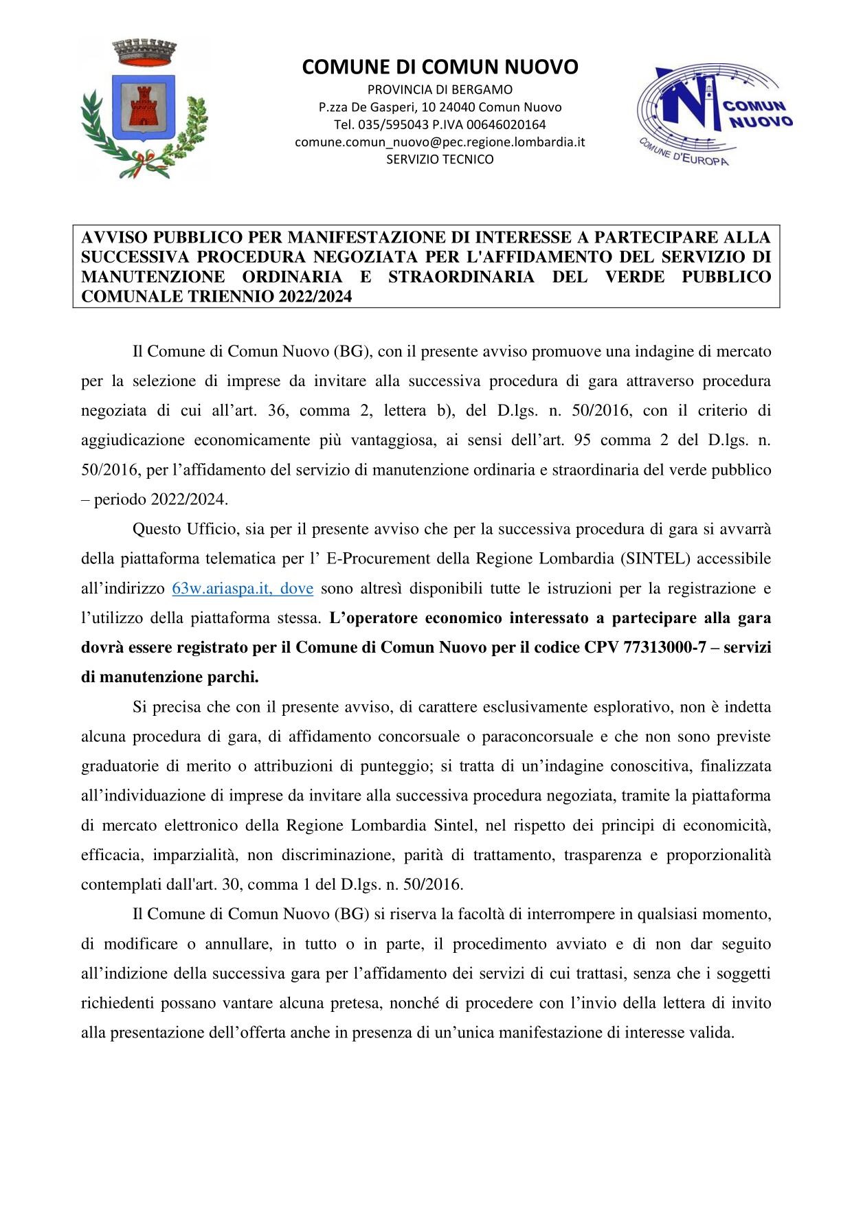 AVVISO MANIFESTAZIONE DI INTERESSE AFFIDAMENTO SERVIZIO MANUTENZIONE VERDE PUBBLICO 2022-2024